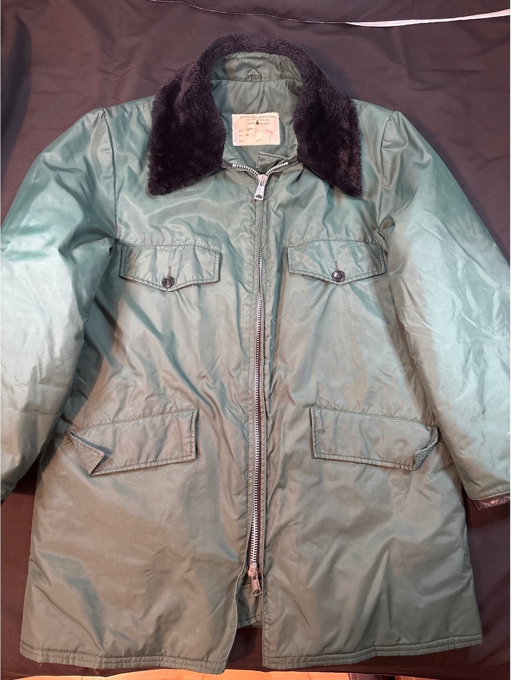 Vintage 70s Golden Bay Sportswear Men’s 40 Green Field Jacket Fur Collar